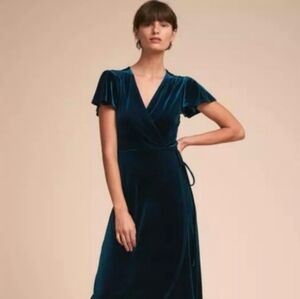BHLDN Anthropologie Thrive Velvet Wrap Midi Dress Teal Blue Medium *HOLIDAY*